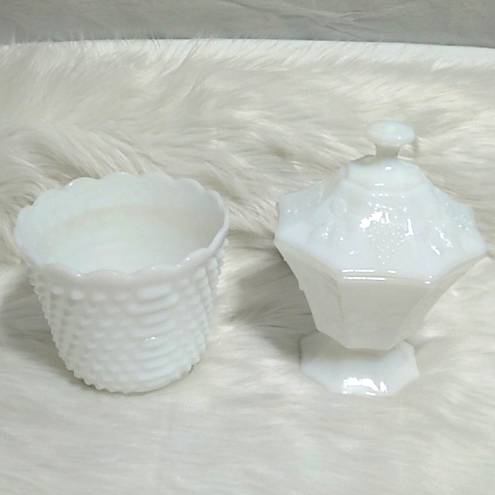 SALE! Vint Milk Glass Bundle 1 Is Oven Ware Fire King 2 Is Candy Dish W/Lid